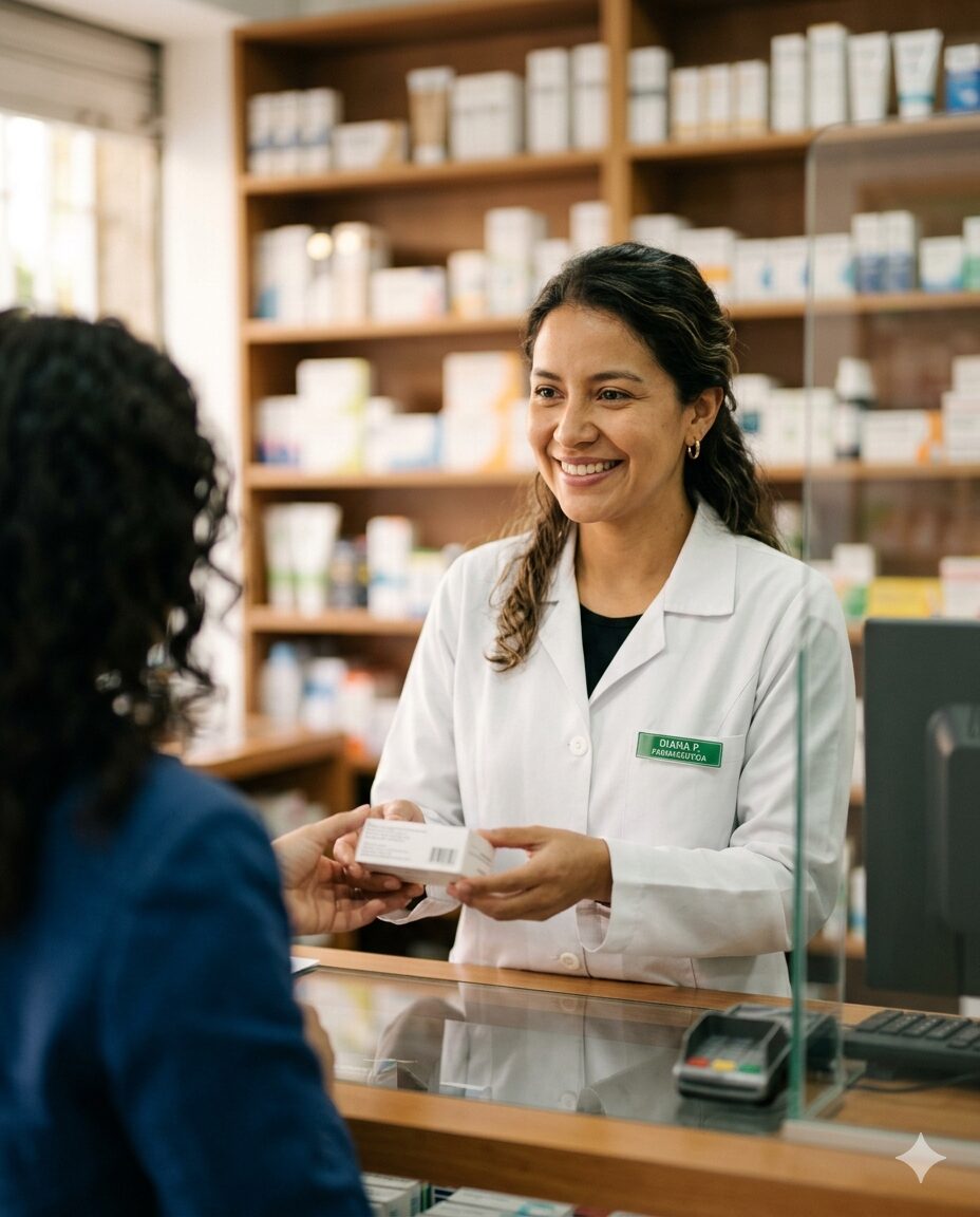 Pharmacien de Central Pharmacy aidant un client avec le sourire